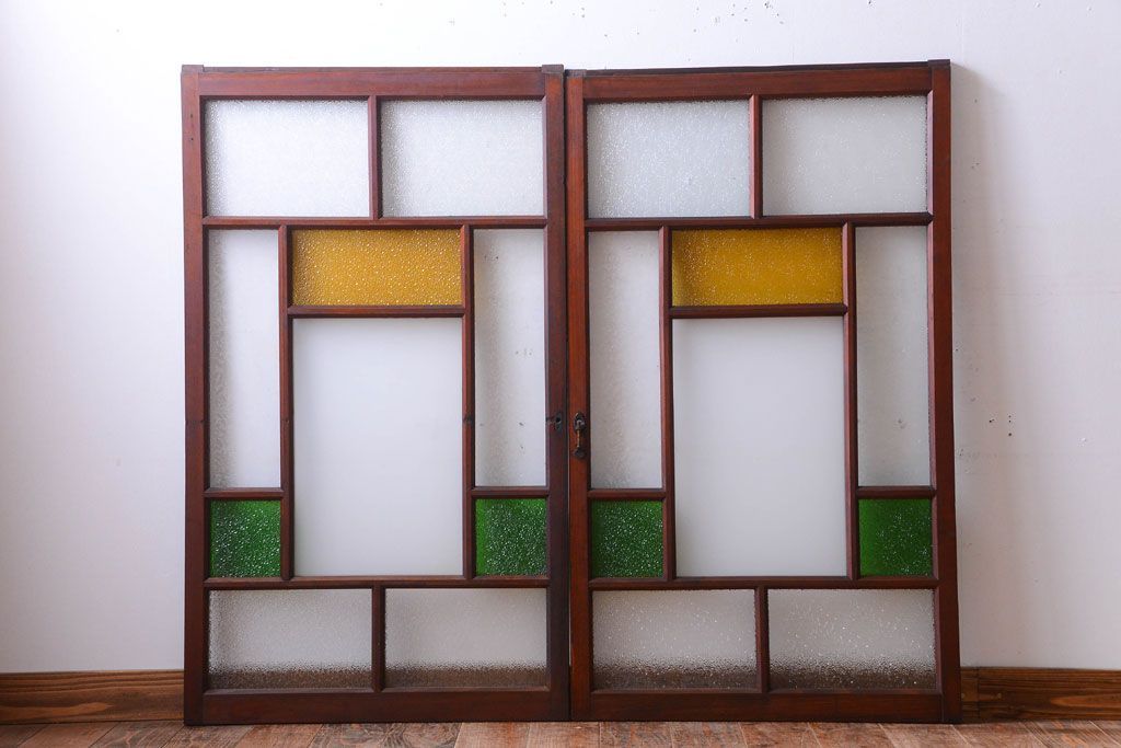 大正ロマン　当時物色ガラス入り!アンティークガラス戸2枚セット(窓)(1)