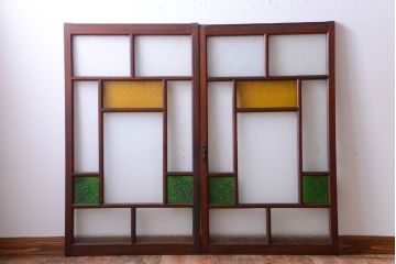 大正ロマン　当時物色ガラス入り!アンティークガラス戸2枚セット(窓)(1)