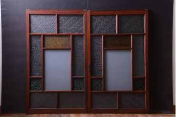 大正ロマン　当時物色ガラス入り!アンティークガラス戸2枚セット(窓)(1)