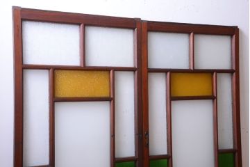 大正ロマン　当時物色ガラス入り!アンティークガラス戸2枚セット(窓)(1)