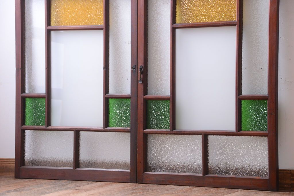 大正ロマン　当時物色ガラス入り!アンティークガラス戸2枚セット(窓)(1)