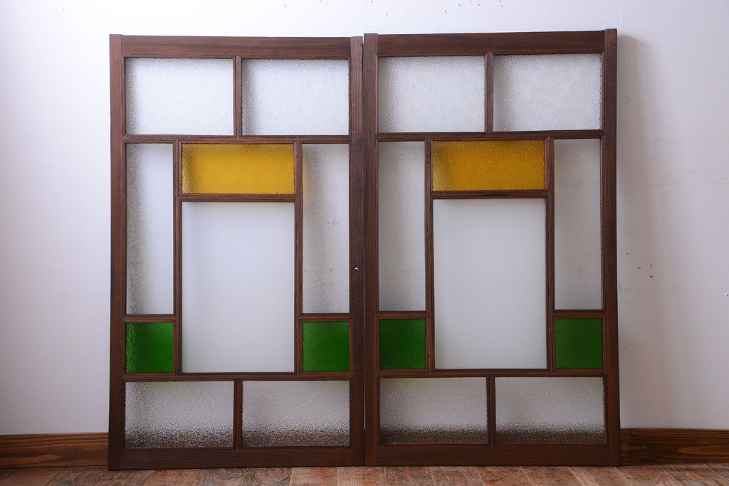 大正ロマン　当時物色ガラス入り!アンティークガラス戸2枚セット(窓)(1)