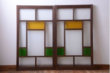 大正ロマン　当時物色ガラス入り!アンティークガラス戸2枚セット(窓)(1)