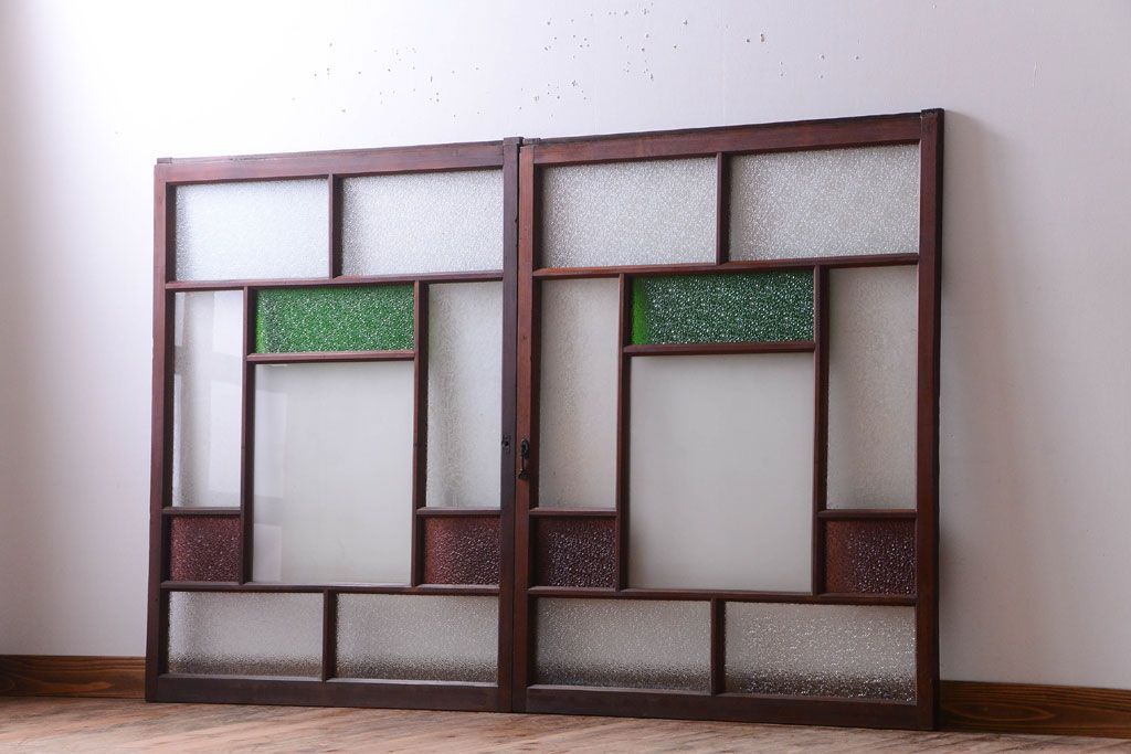 大正ロマン　当時物色ガラス入り!アンティークガラス戸2枚セット(窓)(2)