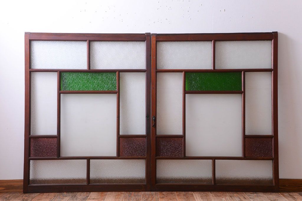 大正ロマン　当時物色ガラス入り!アンティークガラス戸2枚セット(窓)(2)