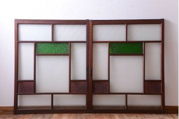 大正ロマン　当時物色ガラス入り!アンティークガラス戸2枚セット(窓)(2)