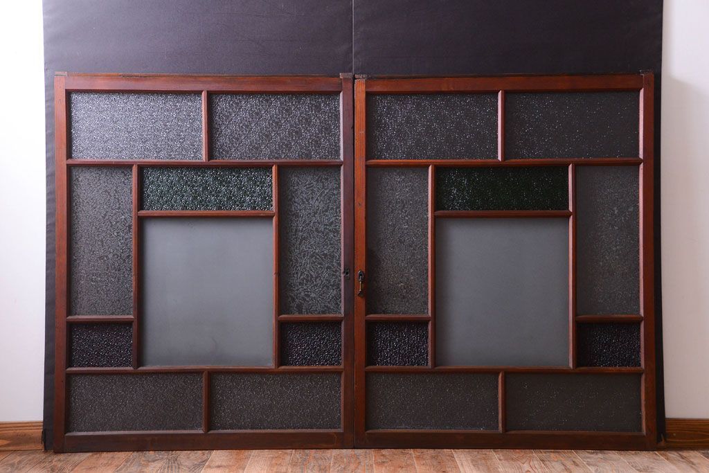 大正ロマン　当時物色ガラス入り!アンティークガラス戸2枚セット(窓)(2)