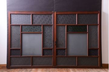 大正ロマン　当時物色ガラス入り!アンティークガラス戸2枚セット(窓)(2)