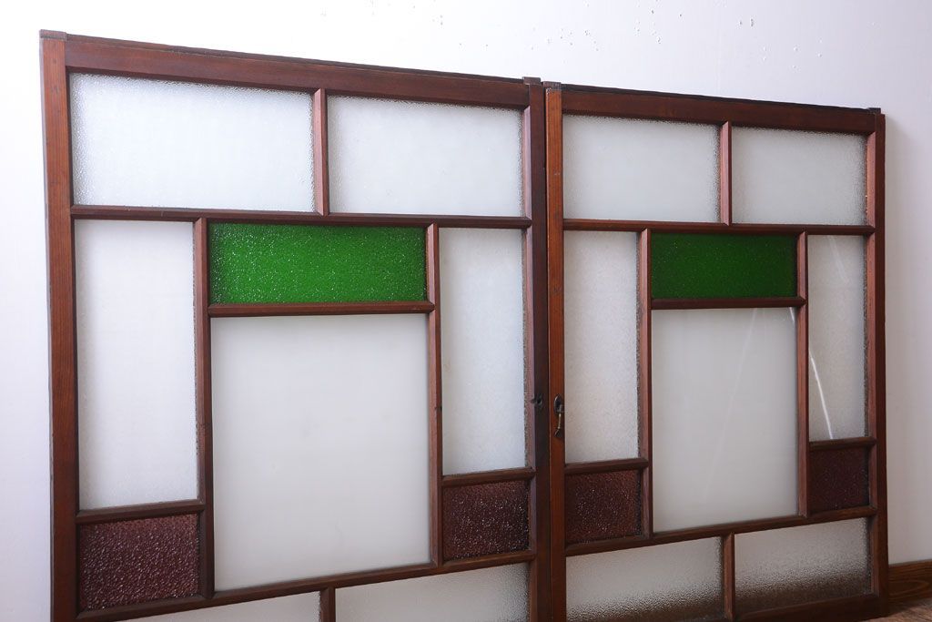 大正ロマン　当時物色ガラス入り!アンティークガラス戸2枚セット(窓)(2)