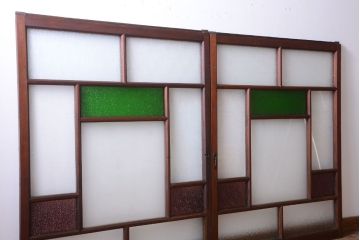 大正ロマン　当時物色ガラス入り!アンティークガラス戸2枚セット(窓)(2)