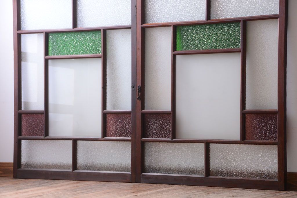 大正ロマン　当時物色ガラス入り!アンティークガラス戸2枚セット(窓)(2)