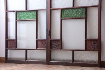 大正ロマン　当時物色ガラス入り!アンティークガラス戸2枚セット(窓)(2)