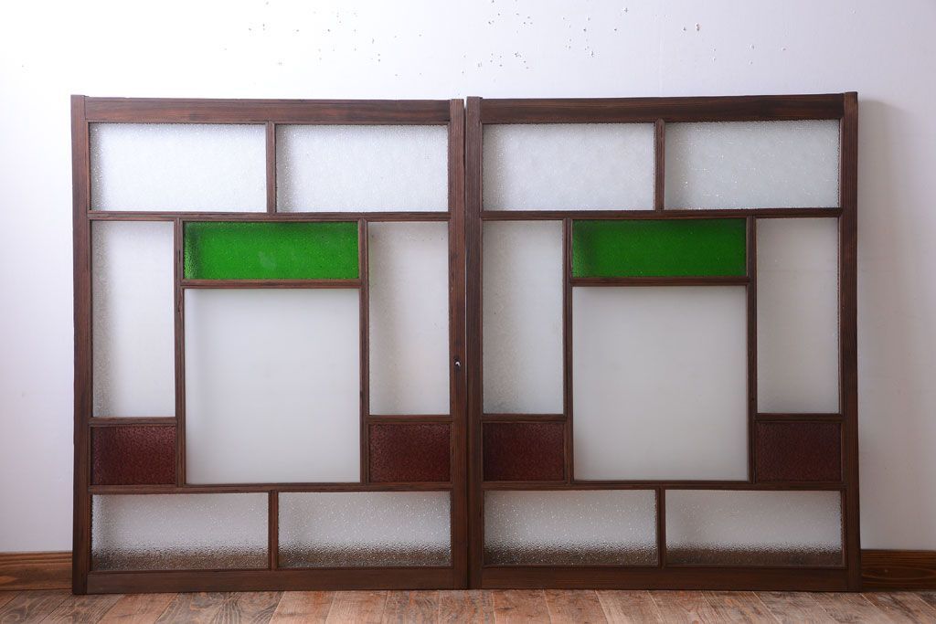 大正ロマン　当時物色ガラス入り!アンティークガラス戸2枚セット(窓)(2)