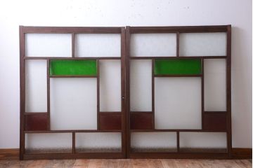 大正ロマン　当時物色ガラス入り!アンティークガラス戸2枚セット(窓)(2)