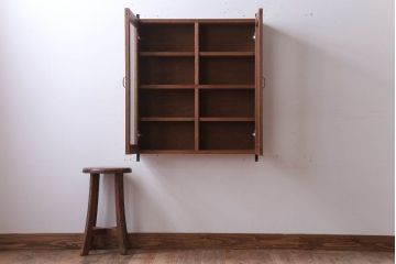 アンティーク家具　アンティーク　気泡ガラス入り!古い木のシンプルな壁掛け戸棚(3)