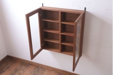 アンティーク家具　アンティーク　気泡ガラス入り!古い木のシンプルな壁掛け戸棚(3)
