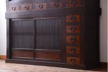 アンティーク家具　古民具・骨董　昇り引き出し付き!六尺水屋箪笥(近江水屋箪笥、食器棚)