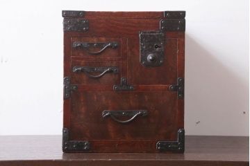 アンティーク雑貨　古民具・骨董　総欅!玉杢材製のアンティーク上手物硯箱