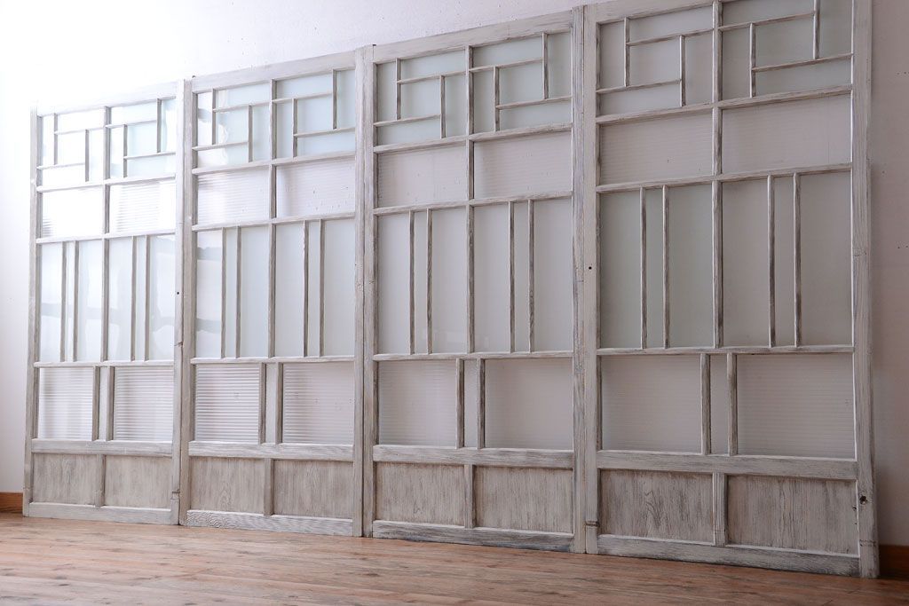 アンティークペイント　モール・ダイヤ・すりガラス入り!ガラス戸4枚セット