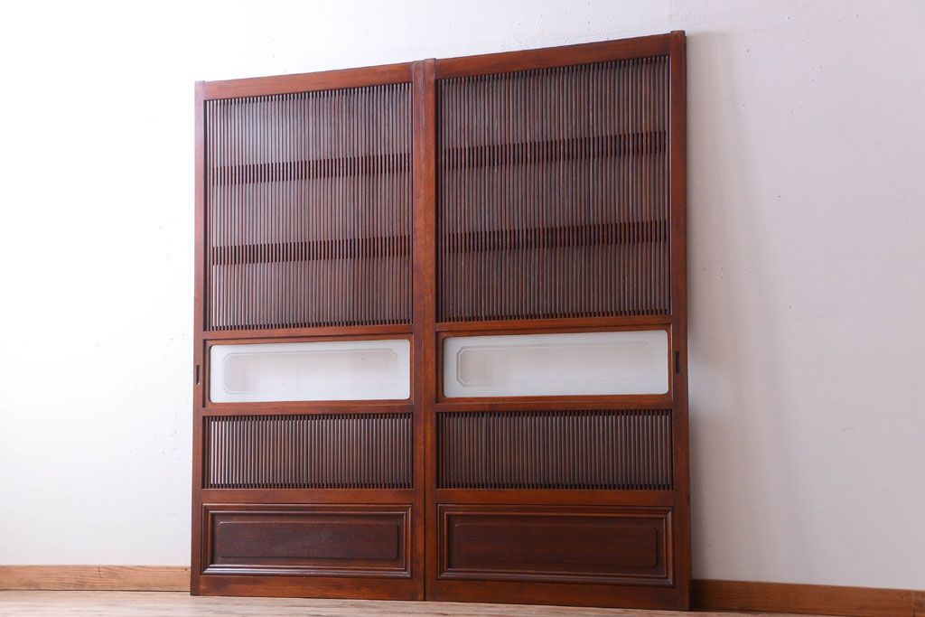 古民具・骨董　腰板欅材!裏ガラス付きアンティーク格子戸