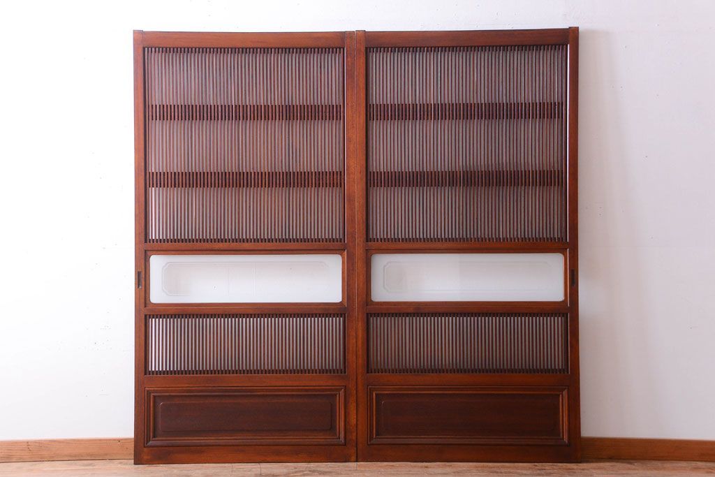 古民具・骨董　腰板欅材!裏ガラス付きアンティーク格子戸