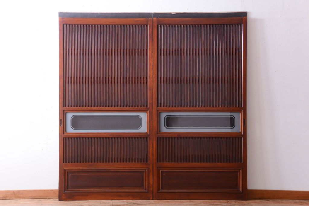 古民具・骨董　腰板欅材!裏ガラス付きアンティーク格子戸