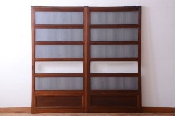 古民具・骨董　腰板欅材!裏ガラス付きアンティーク格子戸