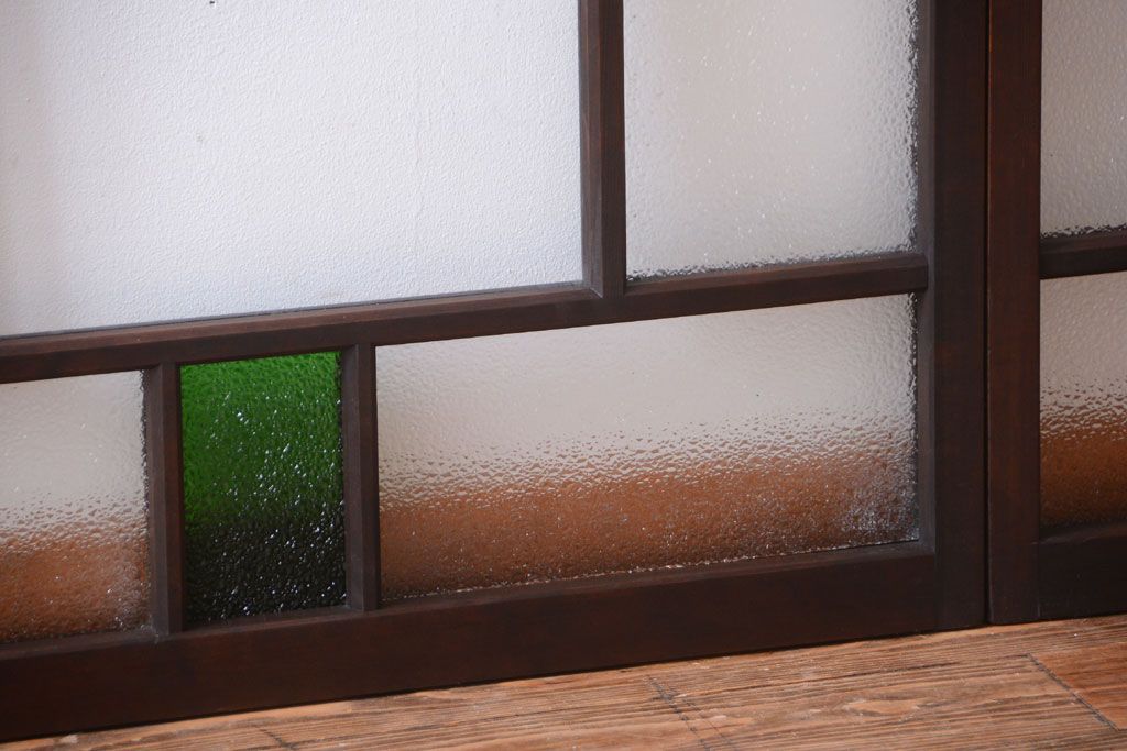 大正ロマン　当時物色ガラス入り!古い薬局のアンティークガラス戸2枚セット