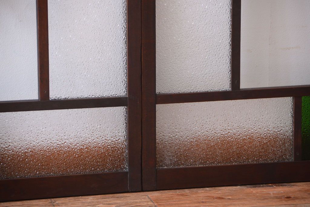 大正ロマン　当時物色ガラス入り!古い薬局のアンティークガラス戸2枚セット