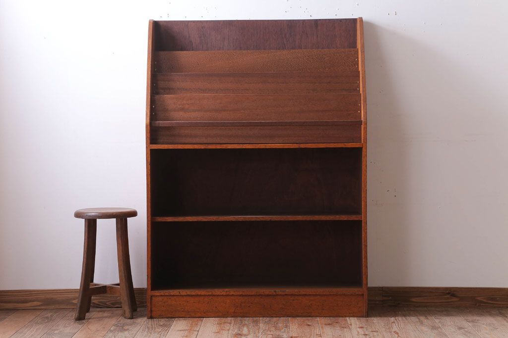 レトロ家具　昭和レトロ　木製!古い本屋さんのマガジンラック付き本棚