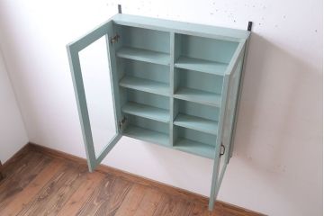 アンティーク家具　アンティークペイント　古い木のシンプルな壁掛け戸棚(2)