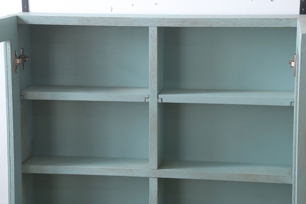 アンティーク家具　アンティークペイント　古い木のシンプルな壁掛け戸棚(2)