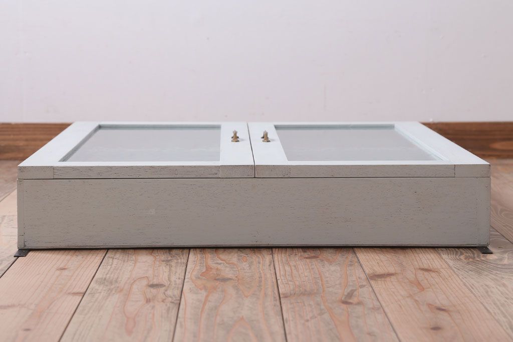 アンティーク家具　アンティークペイント　気泡ガラス入り!シンプルな縦型の壁掛け戸棚(2)