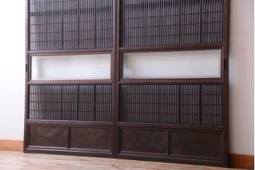 古民具・骨董　腰板玉杢材!欅枠の裏障子付き格子戸2枚セット