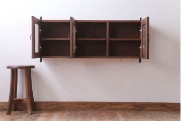 アンティーク家具　アンティーク　気泡ガラス入り!3つ扉の壁掛け横型キャビネット(収納棚)(3)