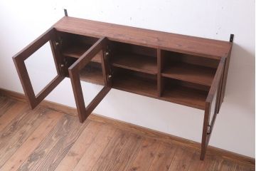 アンティーク家具　アンティーク　気泡ガラス入り!3つ扉の壁掛け横型キャビネット(収納棚)(3)