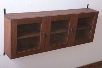 アンティーク家具　アンティーク　気泡ガラス入り!3つ扉の壁掛け横型キャビネット(収納棚)(3)