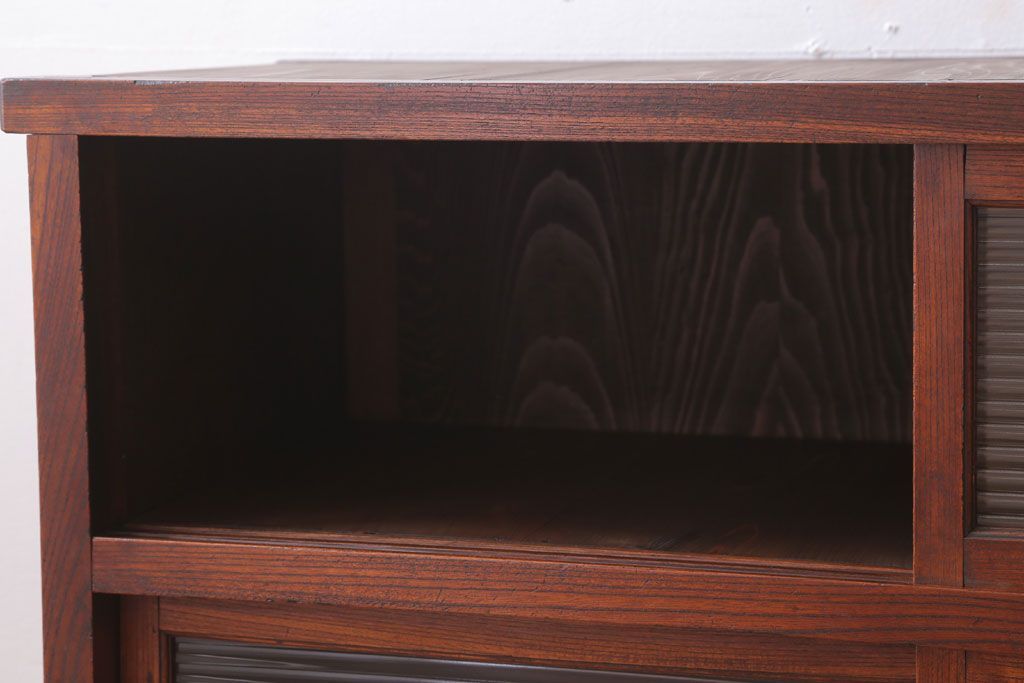 アンティーク家具　和製アンティーク　モールガラス入り!前面欅材の鉄脚サイドボード(収納棚)