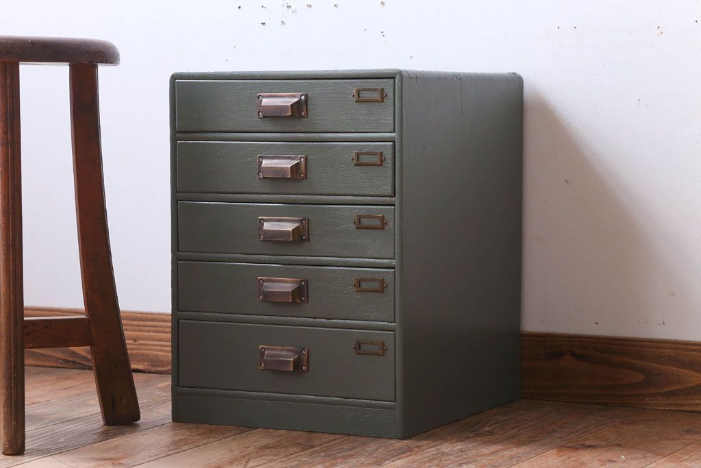 アンティーク家具　和製アンティーク　ネームプレート付き!くすみカラーペイントの小引き出し