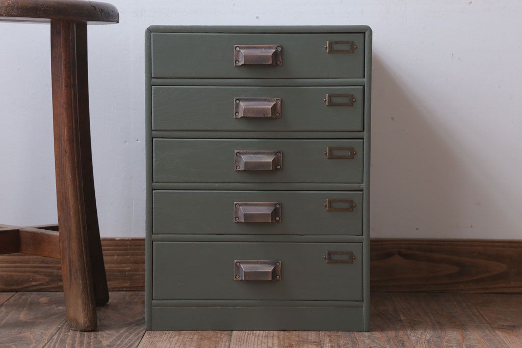 アンティーク家具　和製アンティーク　ネームプレート付き!くすみカラーペイントの小引き出し