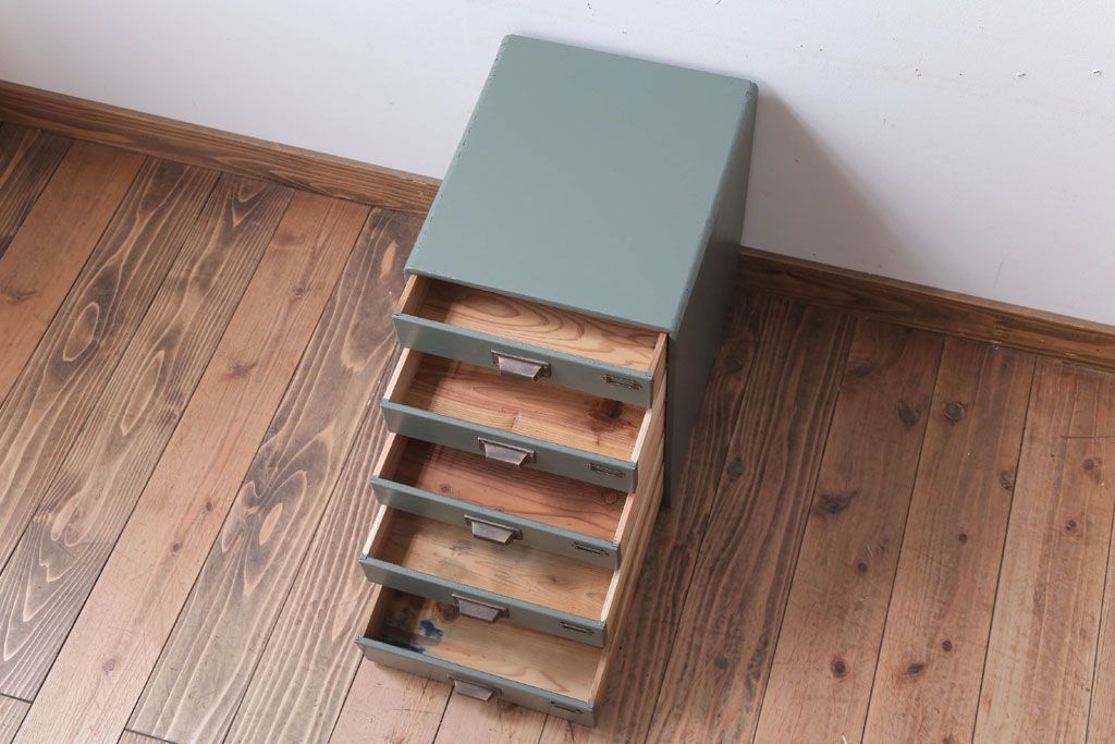 アンティーク家具　和製アンティーク　ネームプレート付き!くすみカラーペイントの小引き出し