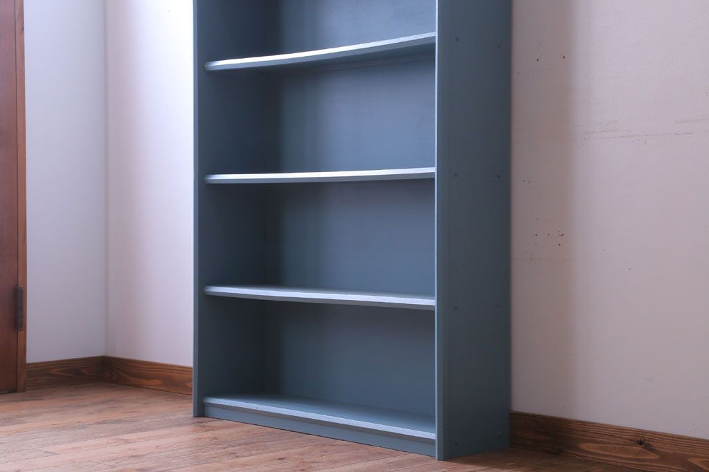アンティーク家具　アンティークペイント　ブルーグレーカラーのシンプルな本棚(飾り棚)