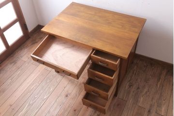 レトロ家具　昭和レトロ　古いナラ材製のシンプルなアンティーク片袖机