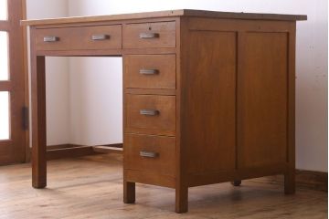 レトロ家具　昭和レトロ　古いナラ材製のシンプルなアンティーク片袖机