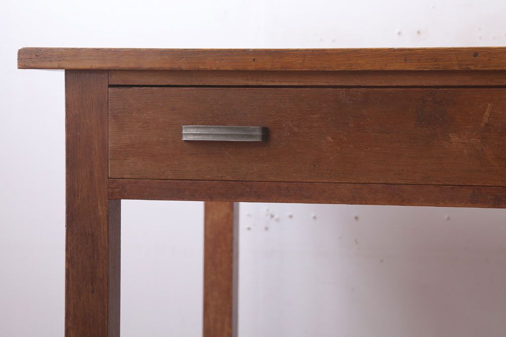 レトロ家具　昭和レトロ　古いナラ材製のシンプルなアンティーク片袖机