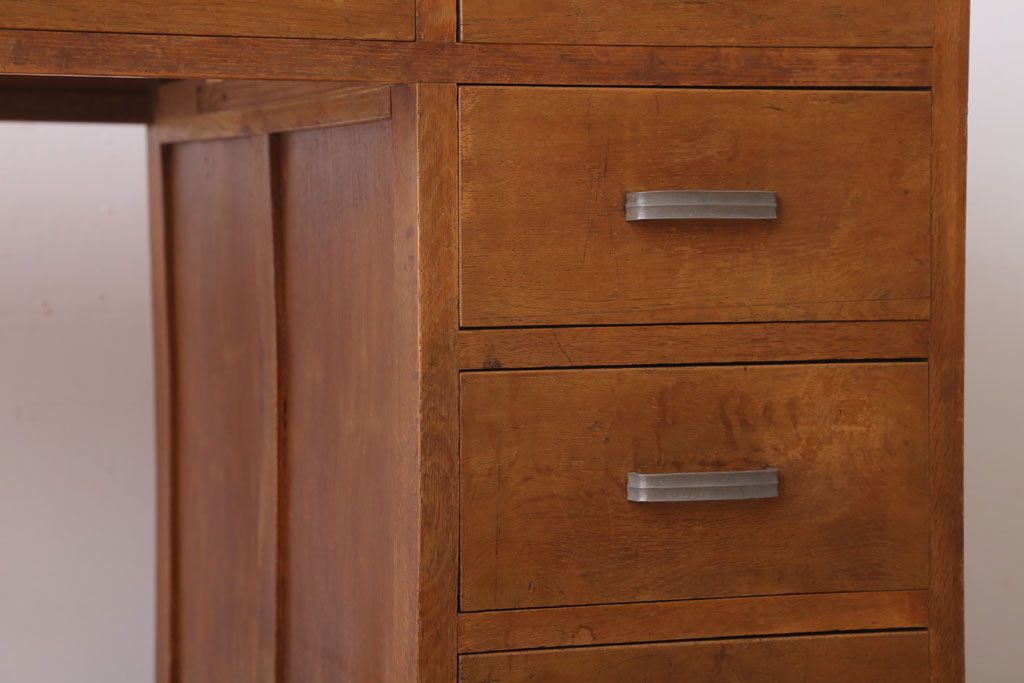 レトロ家具　昭和レトロ　古いナラ材製のシンプルなアンティーク片袖机