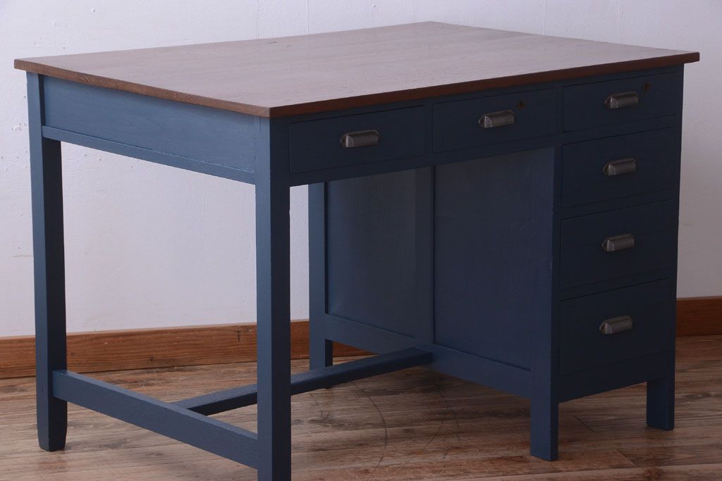 アンティーク家具　アンティーク 古い木製のネイビーペイント片袖机