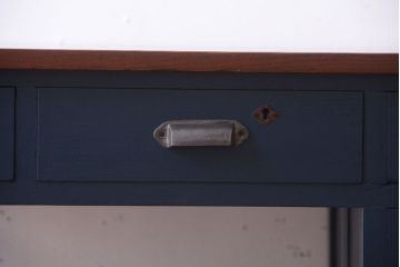 アンティーク家具　アンティーク 古い木製のネイビーペイント片袖机