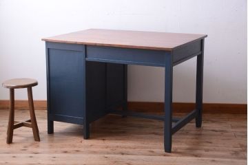 アンティーク家具　アンティーク 古い木製のネイビーペイント片袖机