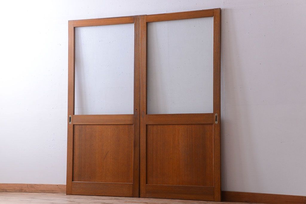 昭和レトロ　気泡ガラス入り!古い木製引き戸2枚セット